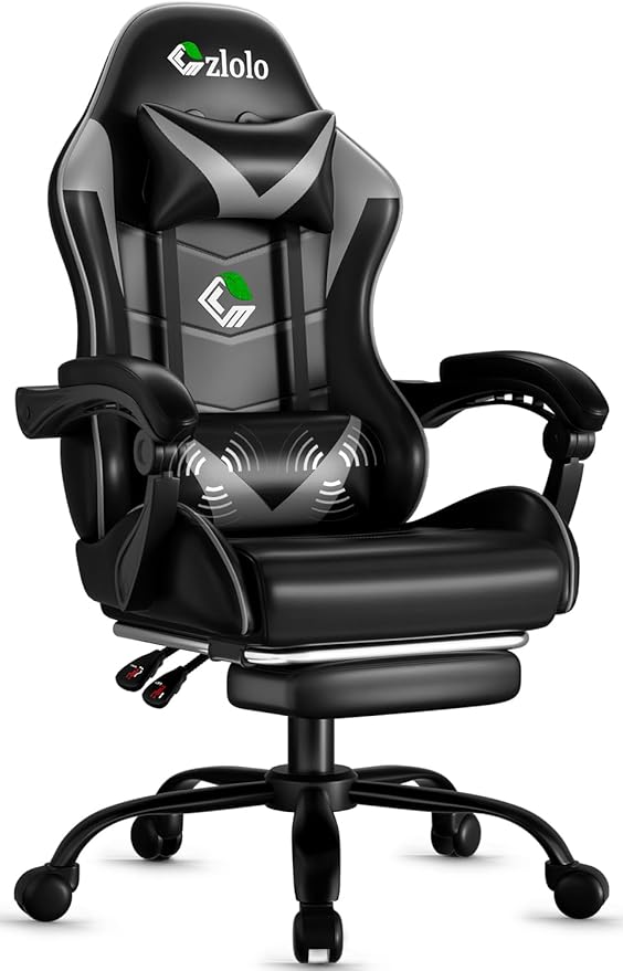 Gaming Chair with Footrest Racing Style Lumbar Support Massager Video Game Chair with Metal Legs, High Back Reclining Gamer Chair with Headrest, 360° Swivel Office Computer Desk Chair (Gray)