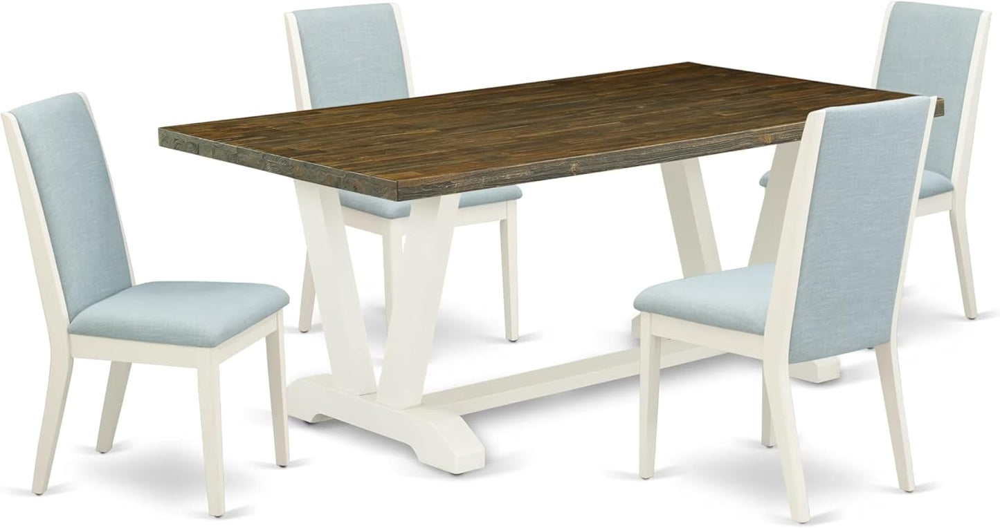 East West Furniture V077LA015-5 5 Piece Dinette Set Includes a Rectangle Dining Room Table with V-Legs and 4 Baby Blue Linen Fabric Upholstered Parson Chairs, 40x72 Inch, Multi-Color