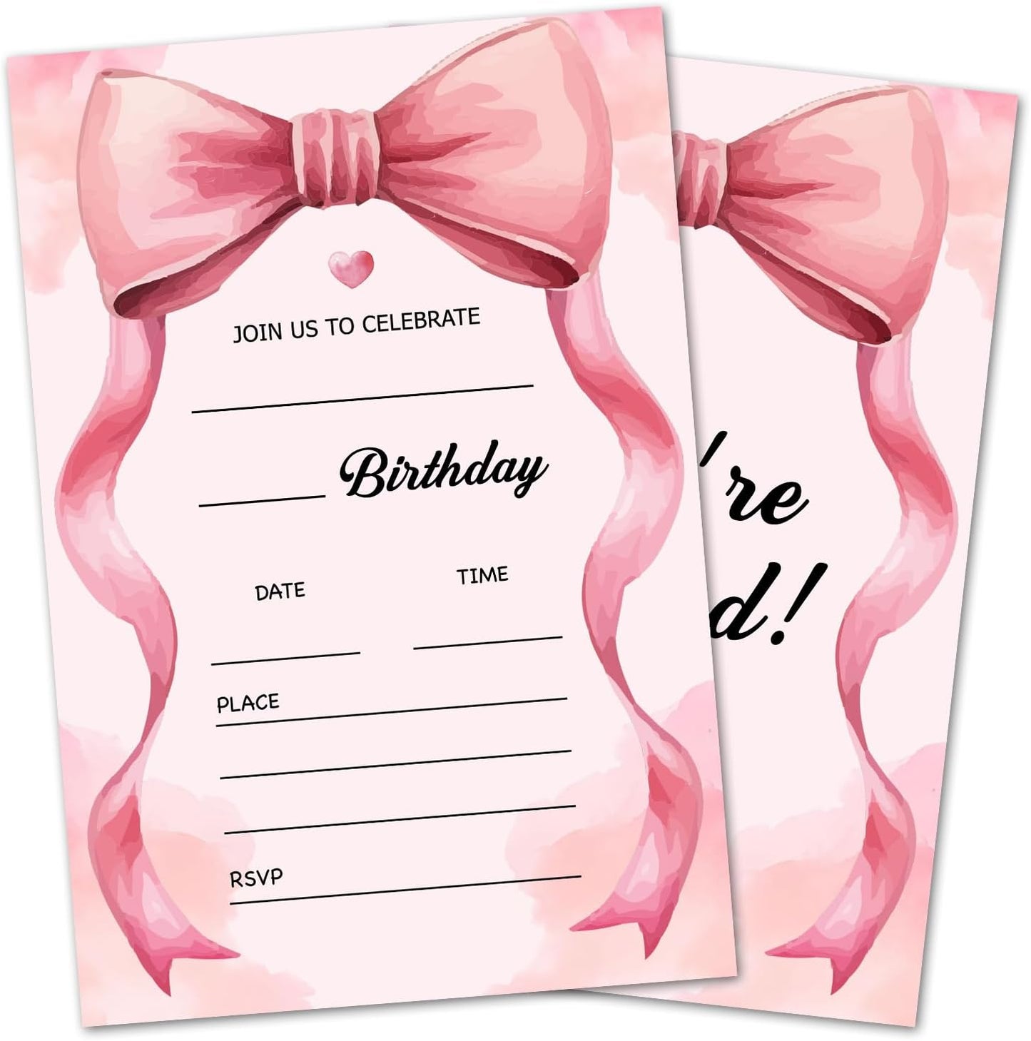 Pink Bow Birthday Invitations, Cute Bow Party Invitations, 20 Double-Sided Fill In Invitation with Envelopes for Girls Women, Birthday Party Decorations Favor