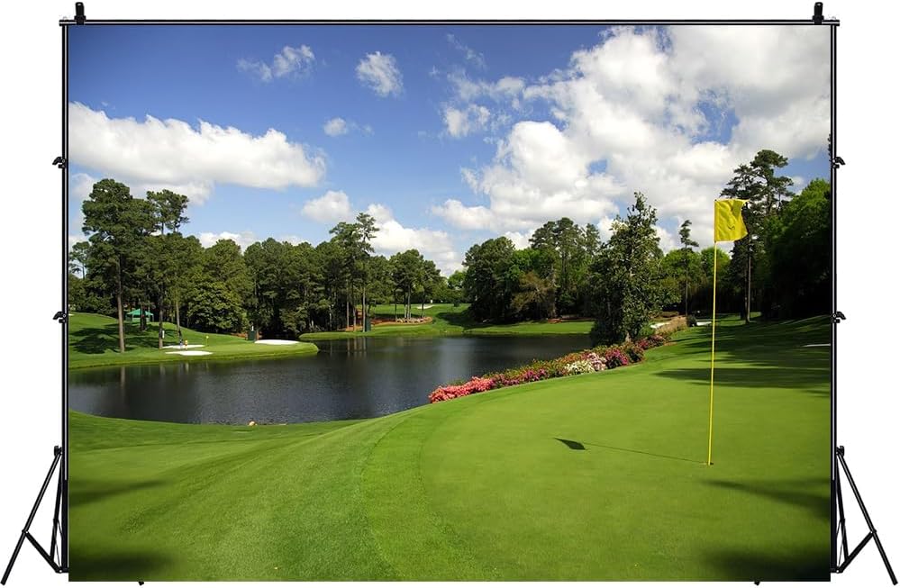 Golf Course Backdrop 5x3ft Green Grass Bush Stake Hole Water Hazard Backgrounds Golf Theme Sports Party Decorations Holiday Vacation Banner Photo Shoot Props
