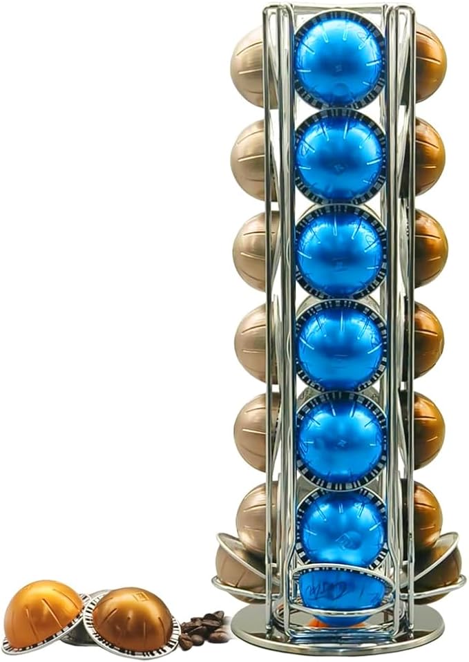Vertuo Pod Holder Carousel Stand for 28 Nespresso Vertuo Capsule Storage Organizer with Extra Space for Coffee Mate Silent Rolling