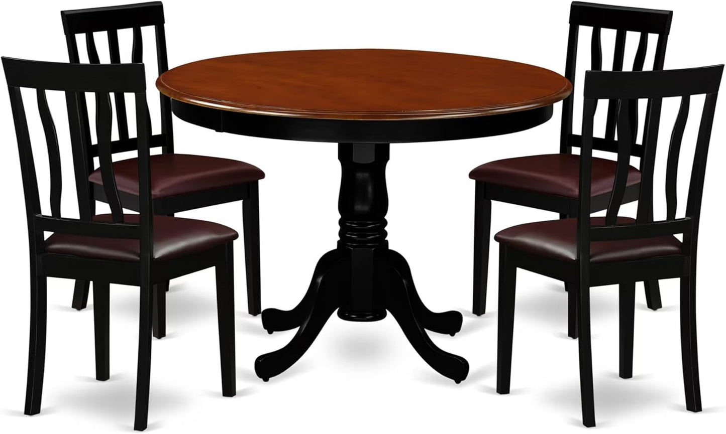 East West Furniture HLAN5-BCH-LC 5 Piece Dining Set Includes a Round Dining Table with Pedestal and 4 Faux Leather Kitchen Room Chairs, 42x42 Inch, Black & Cherry