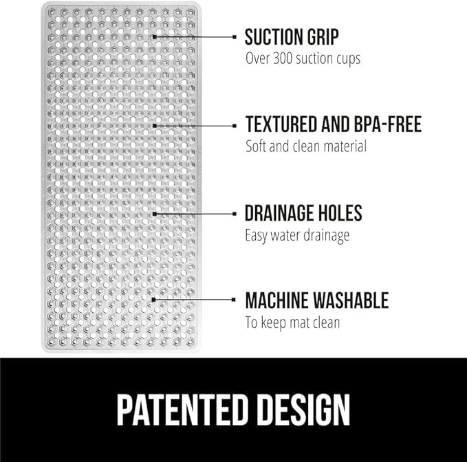 GORILLA GRIP Patented Bath Tub Shower Mat, Machine Washable Bathtub Floor Liner Mats, Suction Cups and Drain Holes to Keep Tubs Clean, Soft on Feet, Bathroom Essentials, 35x16 Inch, Clear Gray