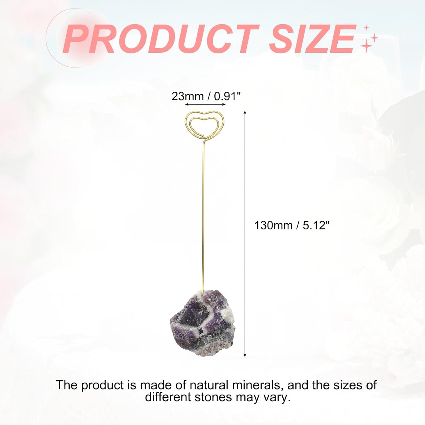PATIKIL Table Number Holder, 1Pcs Photo Clip Holders Crystal Stone Quartz Desk Card Holder Raw Heart Shape Iron Memo Note Photo Stand for Wedding Party Home Office Decor, Purple