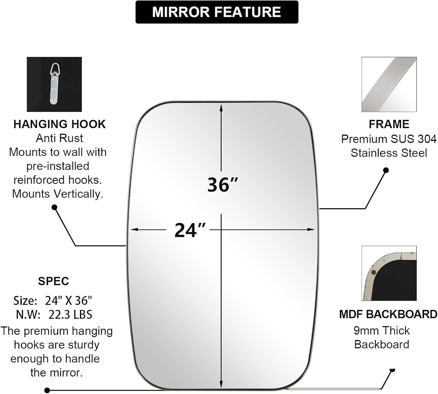 ANDY STAR Brushed Nickel Bathroom Mirror, Large 24x36’’ Brushed Nickel Metal Framed Oblong Wall Mirror, Modern Nickel Oval Vanity Mirror