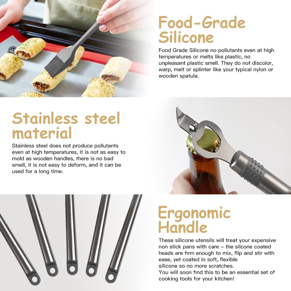 Kitchen Utensil Set-Silicone Cooking Utensils-33 Kitchen Gadgets & Spoons for Nonstick Cookware-Silicone and Stainless Steel Spatula Set-Best Kitchen Tools, Useful Pots (Grey)