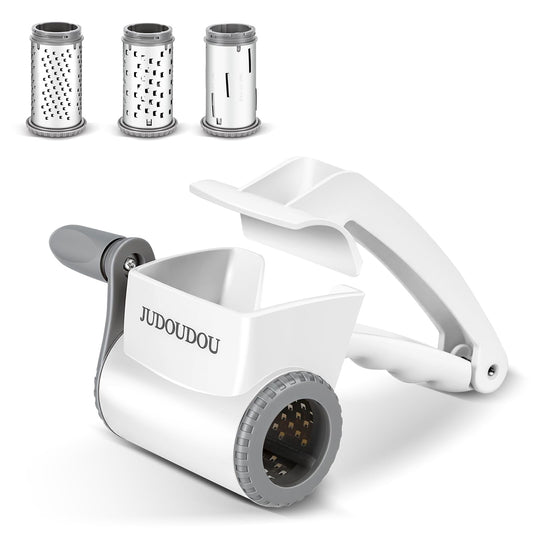 JUDOUDOU Cheese Grater Hand Crank - Classic Rotary Cheese Grater, Parmesan Cheese Shredder Handheld with 3 Stainless Steel Drums, Can be used for Hard Cheese, Chocolate and Nuts - Dishwasher Safe