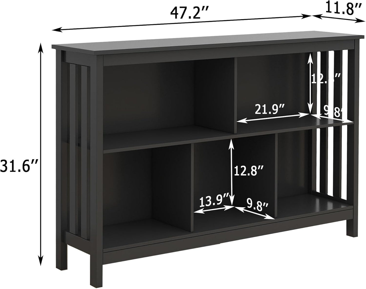 TaoHFE Short Bookshelf with 2-Layer 5 Cube Shelf,Wooden Bookcase Modern Minimalist Style, Horizontal Bookshelf for Living Room, Classroom, Bedroom, Book Shelf with Storage Cube Bookcase, Black