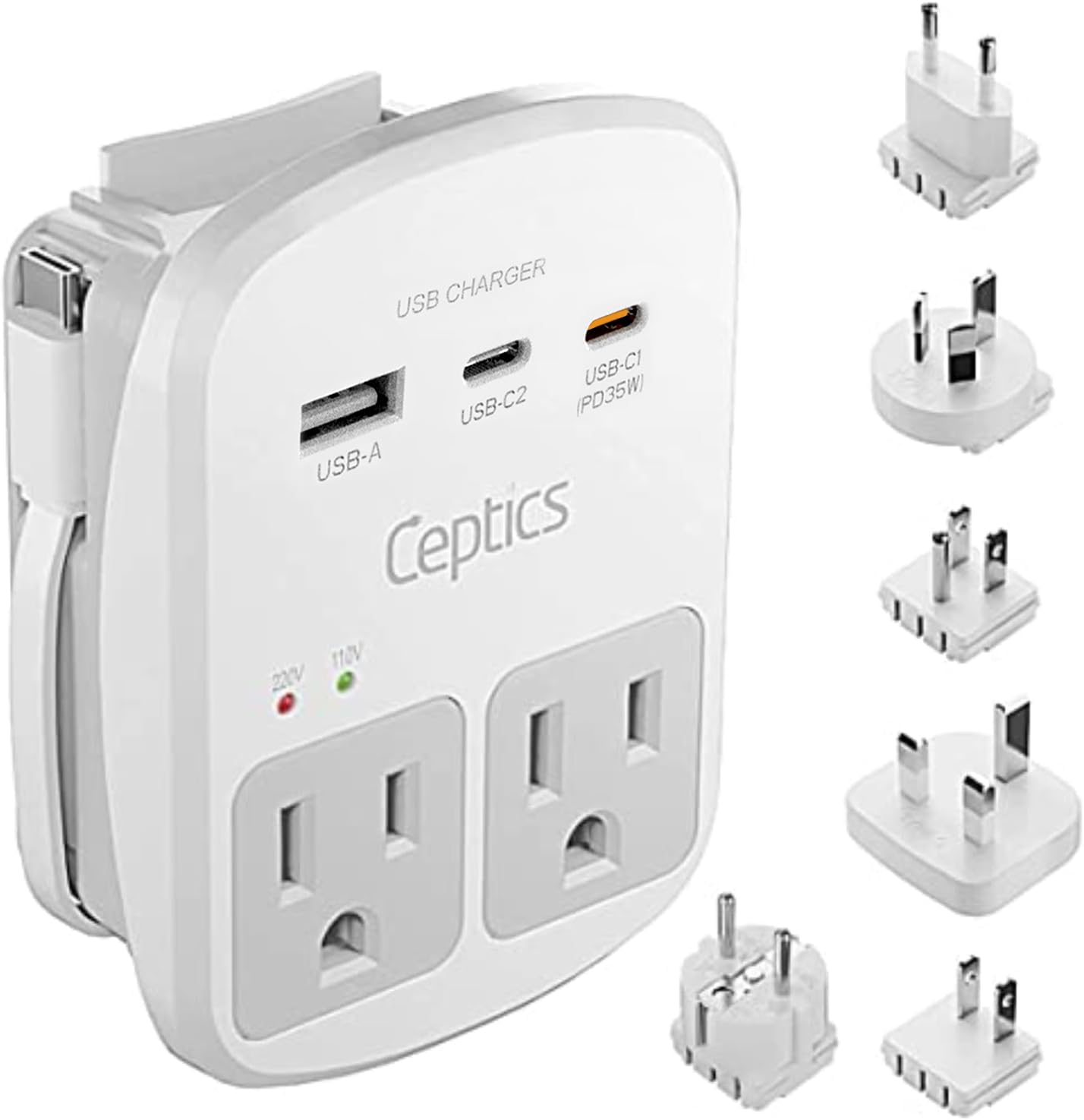 Ceptics Universal Travel Adapter Kit - 2 Usb, Usb-C Cord+2 Us Outlets Qc 3.0, Surge Protection, Plugs For Europe, Uk, China, Aus