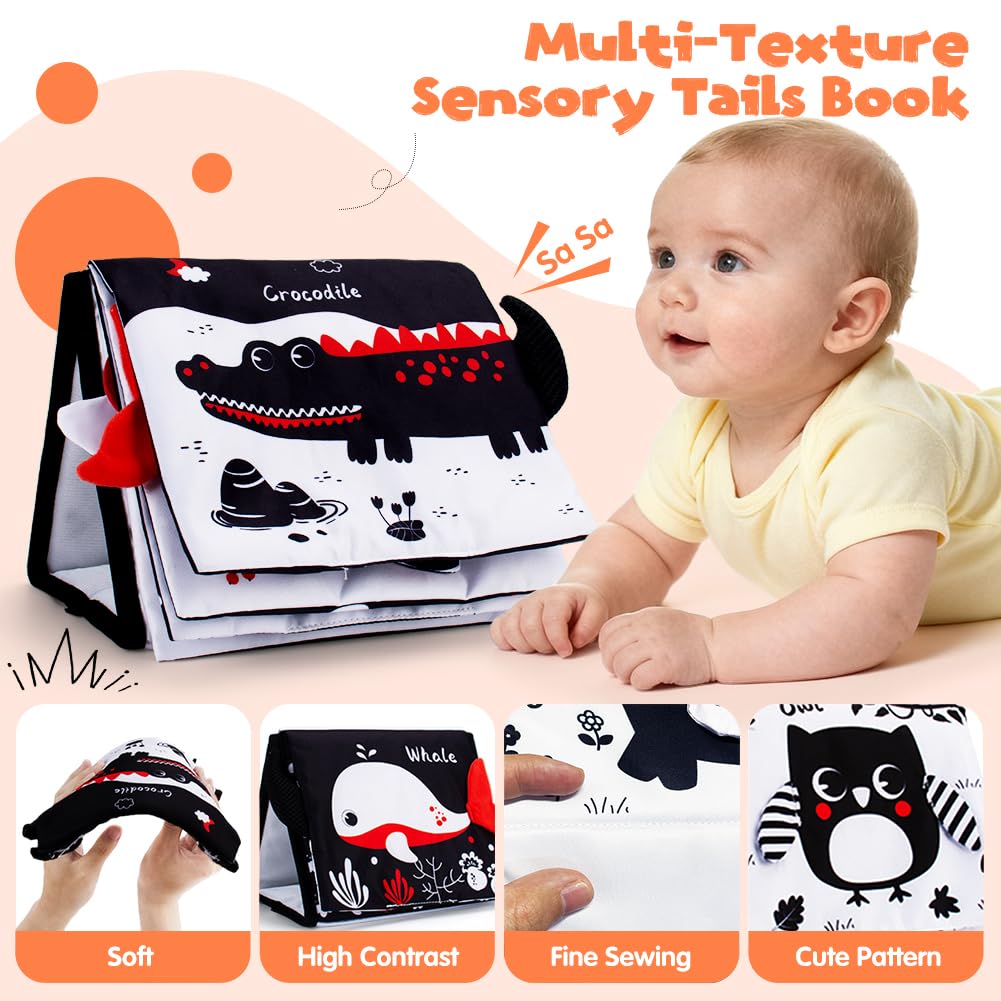 Yohome Black and White Baby Books for Newborn, Tummy Time Mirror, Baby Mirror Infant Toys with Soft Cloth Book, High Contrast Baby Toys, 3D Activity Crinkle Pages Sensory Tummy Time Toys for Babies