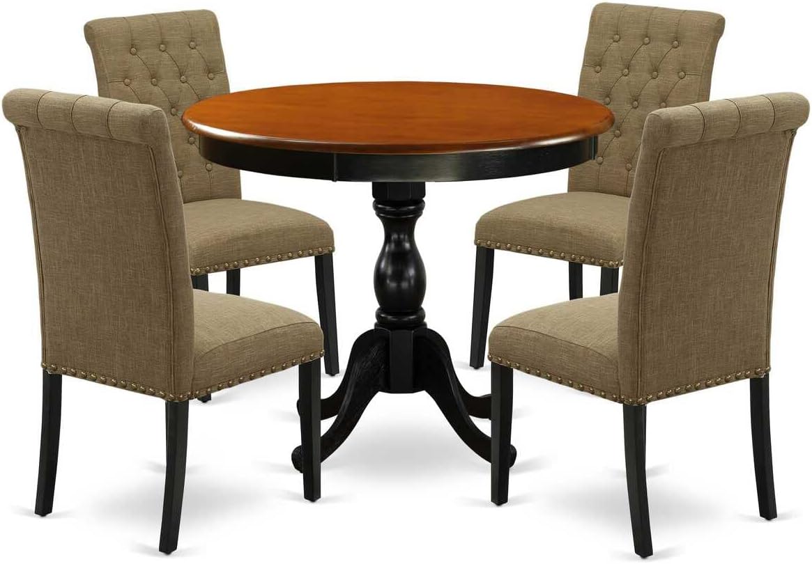 East West Furniture AMBA5-BCH-05 5 Piece Modern Dining Table Set Includes a Round Kitchen Table with Pedestal and 4 Grey Linen Fabric Parson Dining Chairs, 36x36 Inch, Black & Cherry