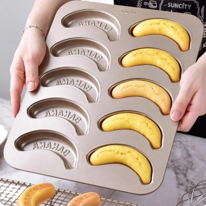 10 Cavity Banana Shape Cake Pan, Carbon Steel Banana Baking Pan Non-Stick Banana Cake Mold Set Funny Fruit Shape Baking Mold Dessert DIY Decoration for Kitchen and Bakery