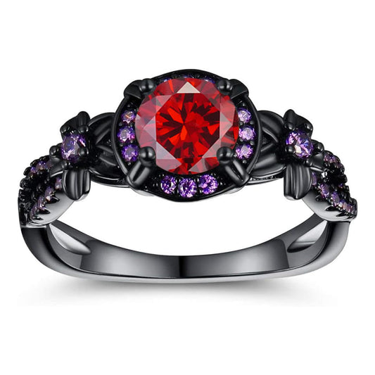 Vintage Black Gold Plated Ring with Created Garnet Gemstone, Purple CZ Accents, Wedding Engagement Band, Sizes 5-10 (9)