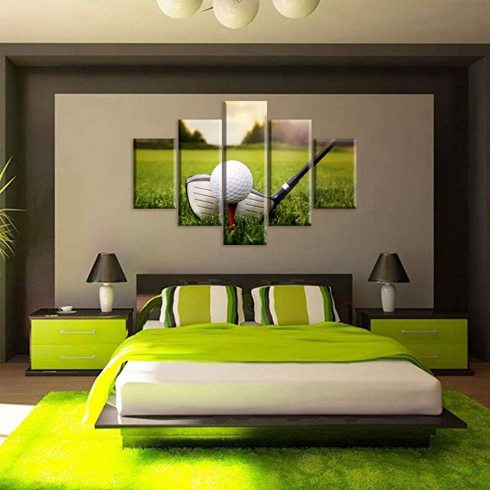 5 Piece Canvas Wall Art Golf Course at Sundown Pictures for Living Room Contemporary Paintings Giclee Golfing Artwork House Decorations Wooden Framed Ready to Hang Poster and Prints(60''W x 40''H)