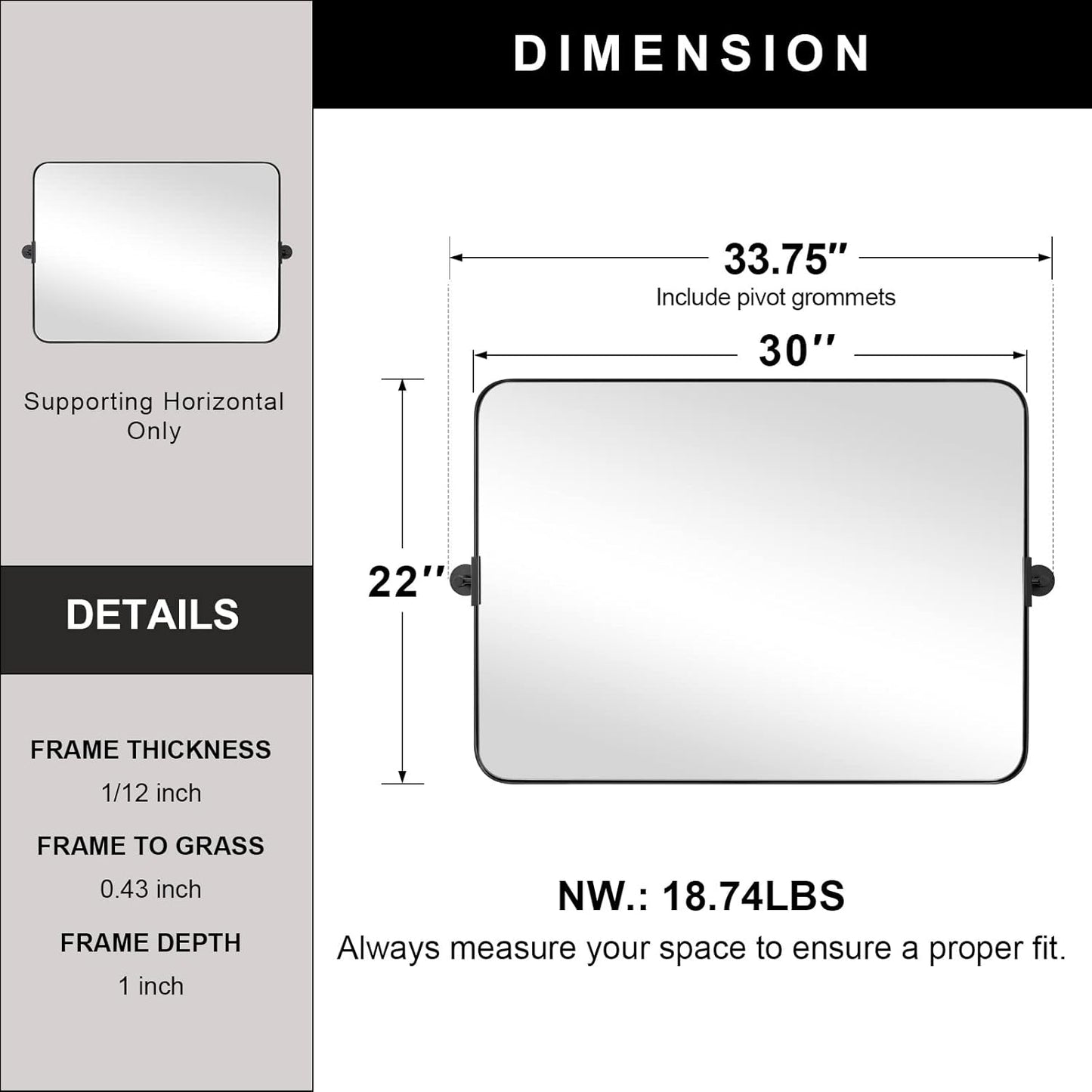MOON MIRROR 30" x 22" Matte Black Rectangle Bathroom Mirror, Tilting Rounded Rectangular Metal Framed Pivot Wall Mirror, Hangs Horizontally Only(Overall 33.75" x 22")
