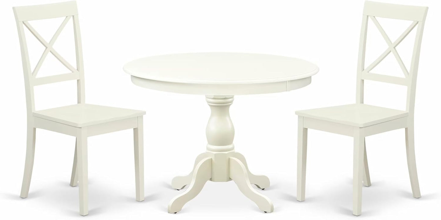 East West Furniture HBBO3-LWH-W 3 Piece Kitchen Table & Chairs Set Contains a Round Dining Room Table with Pedestal and 2 Dining Chairs, 42x42 Inch, Linen White