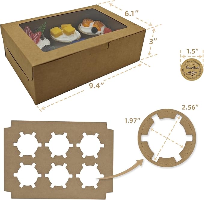 Cupcake Boxes 6 Count, Disposable Cupcake Containers, Food Grade Carrier with Window and Inserts for Cupcakes Muffins Cookies Pastries Donuts (Kraft Brown, 30 Pack)