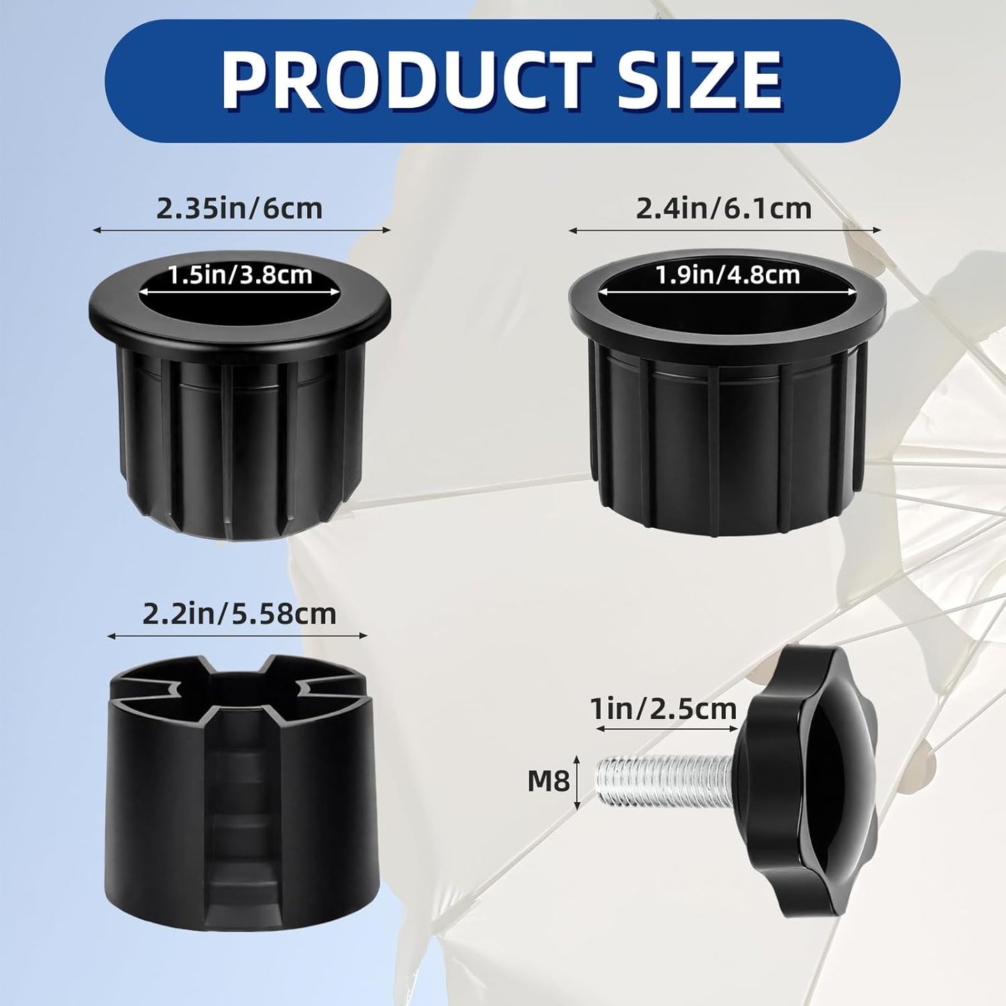 8 Pieces Set Outdoor Patio Umbrella Base Stand Hole Ring Plug Cover and Cap Replacement Parts, Umbrella Stand Base with M8 Thread Replacement Stabilizer Sleeve for Outdoor Patio Spaces, Black