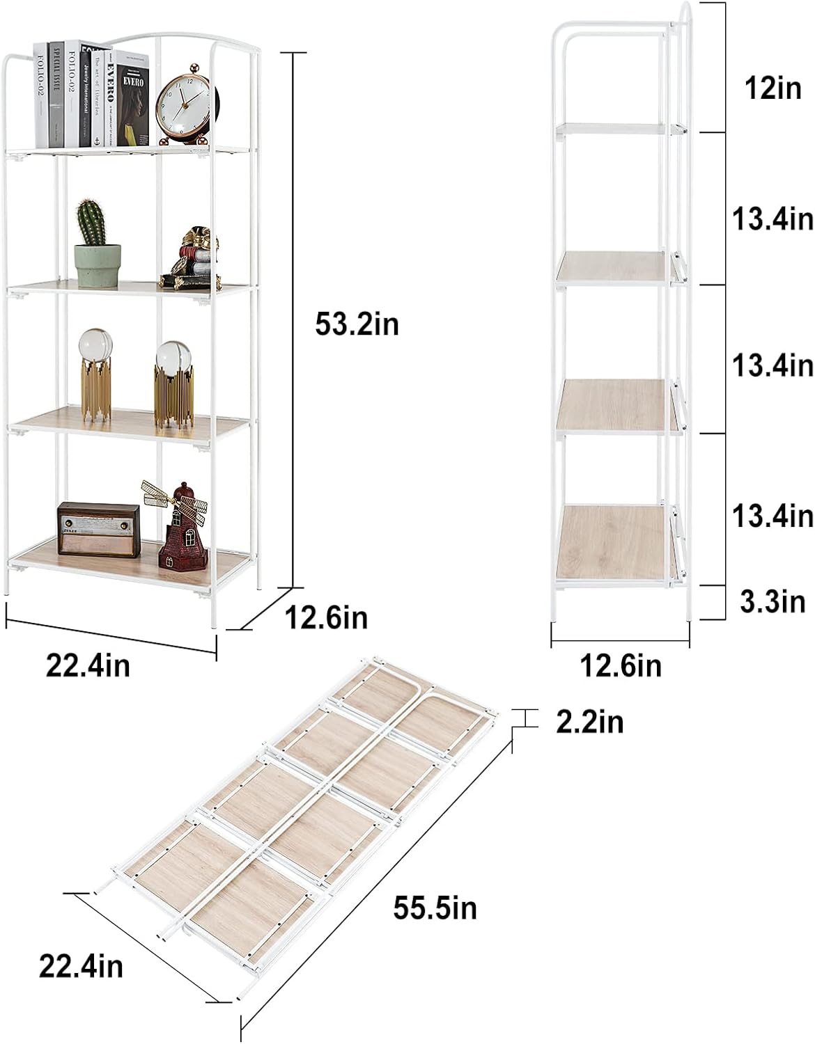 Crofy No Assembly Folding Bookshelf for Living Room, 4 Tier White Collapsible Book Shelf for Home Office, Portable Bookcase Storage Organizer