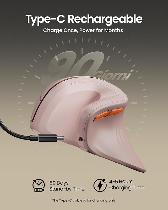 ProtoArc Ergonomic Mouse, EM11 NL Bluetooth Rechargeable Wireless Vertical Mouse, 3 Multi-Device Connectivity for Computer/PC/Laptop, 2.4GHz USB-A Optical Mice for Windows, Mac OS, Pink