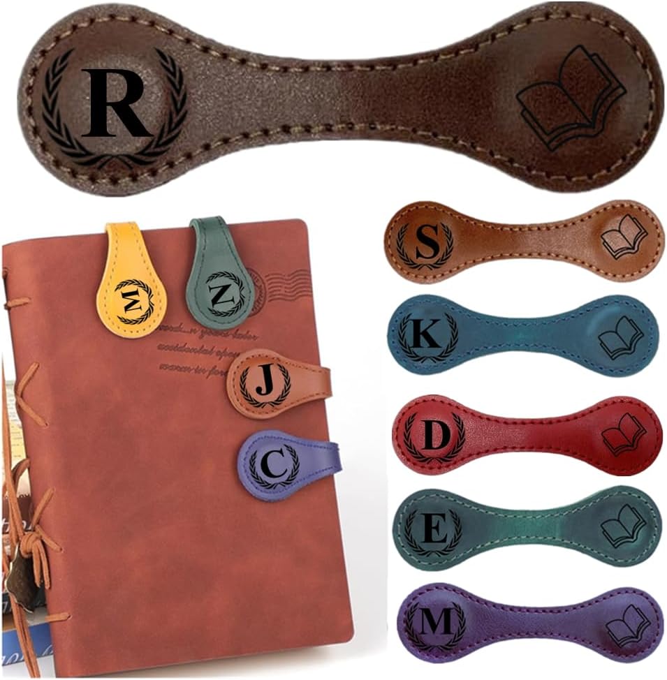 Personlized Magnetic Leather Bookmarks with Initials, Customized Book Marks Clip 26 Letters Bookmark for Reading Women, Men, Kids,Cute Book Markers Meaningful Gift for Book Lovers (Dark Brown, R)