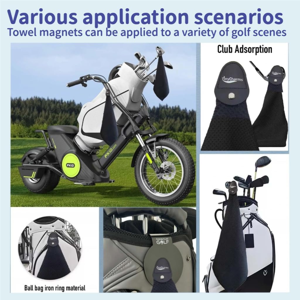 Magnetic Golf Towel, 16"x16" Black Microfiber, Strong Magnet & 3 Grommet Design, Carabiner Hook, Super Absorbent & Easy Clean, Golf Bag Accessory (Black, (16"*16") x2)
