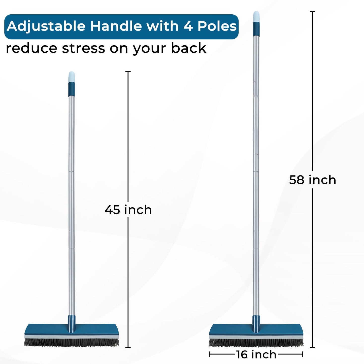 16-Inch Push Broom Outdoor with Rubber Squeegee and 58" Long Handle, 2 in 1 Commercial Broom Brush with Stiff Bristles for Deck Patio Garage Warehouse Driveway Concrete Floor Cleaning Scrubbing