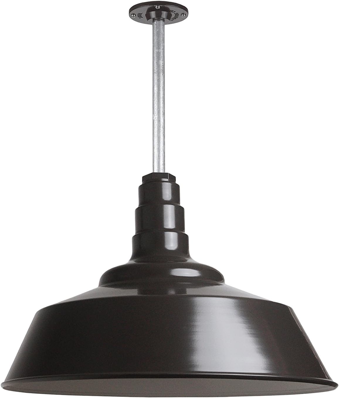 Steel Lighting Co. Manhattan Warehouse Light | Ceiling Mounted Pendant | 20 inch Dome | 12 inch Stem | Large Steel Barn Light Made in America | Dark Bronze Exterior/White Interior