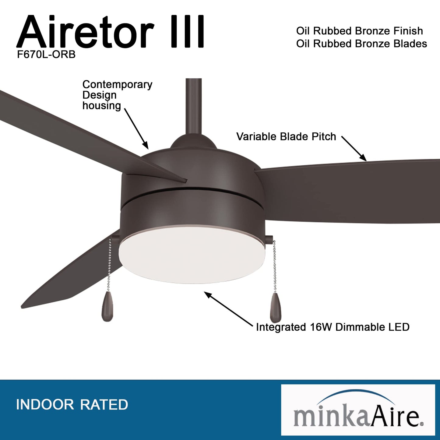 Minka-Aire F670L-Orb Airetor Iii 54 Ceiling Fan With Led Light And Pull Chain In Oil Rubbed Bronze Finish