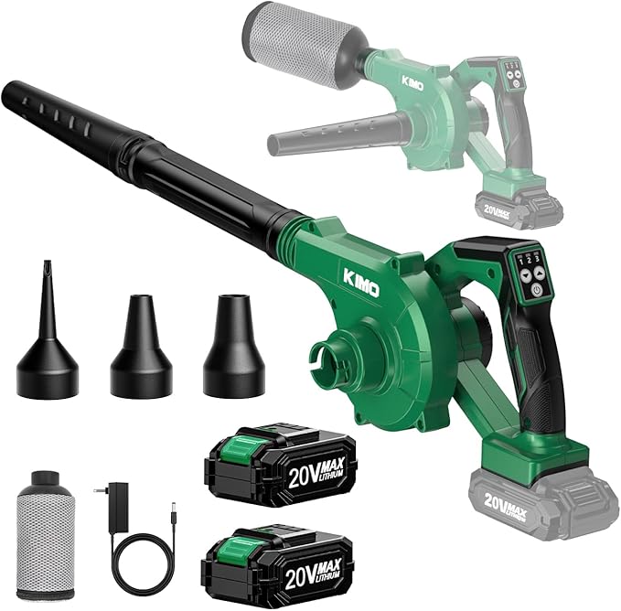 K I M O. Cordless Leaf Blower and Vacuum Combo 4 In 1, 3 Nozzles for Inflation and Deflation, 190MPH, Control Panel with 3 Speeds, 20" Extended Tube, 2 Pack Battery Operated Leaf Blowers for Lawn Care