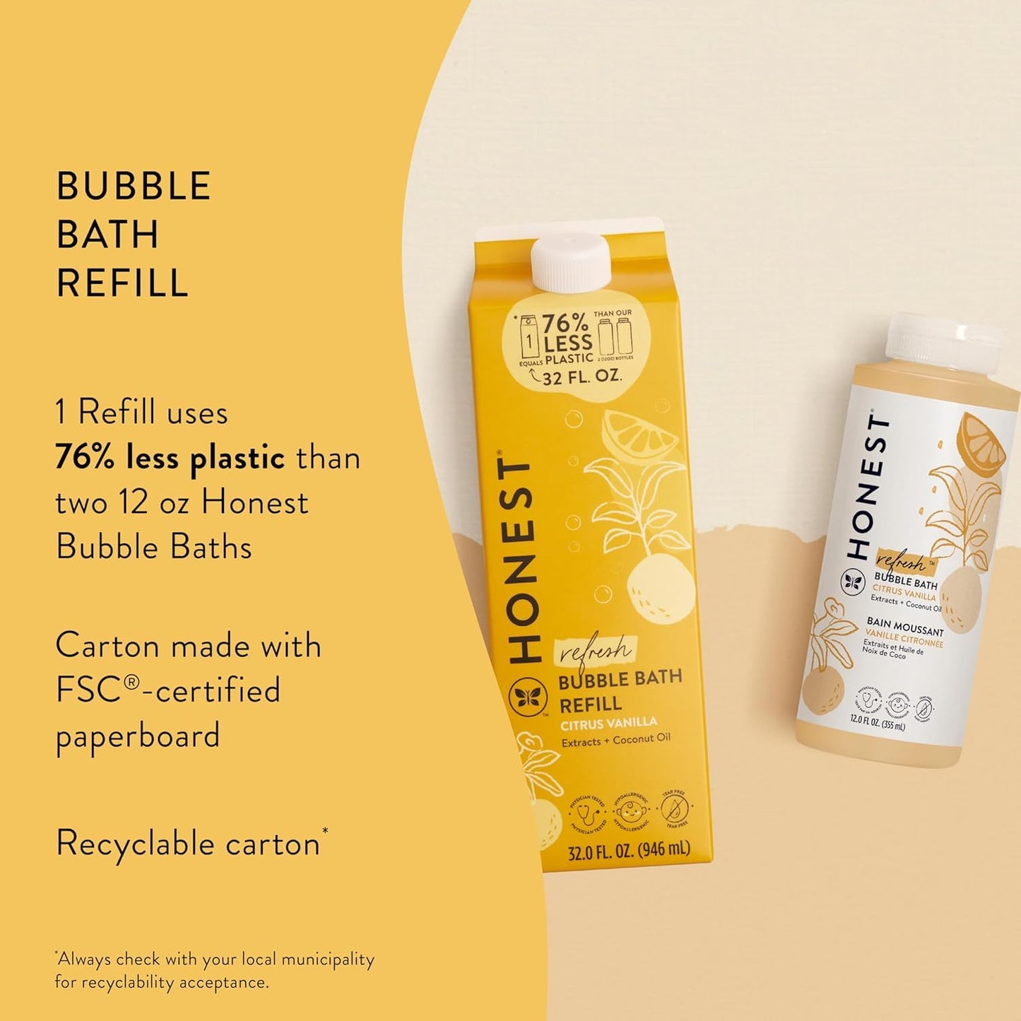 The Honest Company Foaming Bubble Bath Refill Carton, Gentle for Baby, Naturally Derived, Tear-Free, Hypoallergenic, Citrus Vanilla Refresh, 32 fl oz