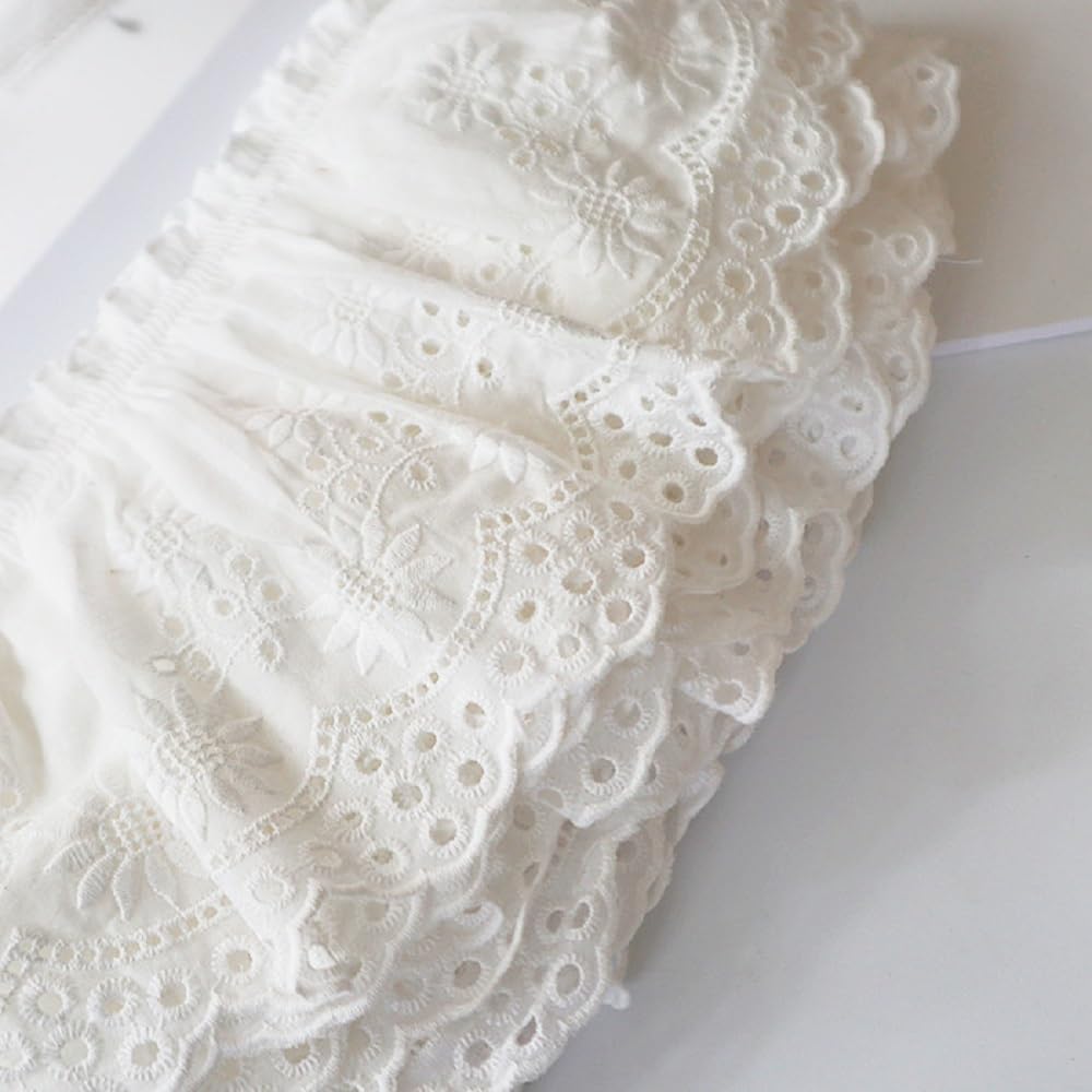 Yalulu 2 Yards Cotton Ruffle Lace Trim Eyelet Lace Fabric for Sewing Embroidery Trim for Dresses, Baby Clothes, DIY Craft Ribbon