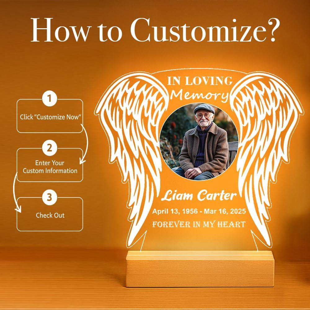Personalized Memorial Picture Frame Night Light Lamp, Sympathy Gift for Loss of Loved One, in Memory of Dad, Mom, Husband, Sister, Friend, Funeral Mourning Ideas