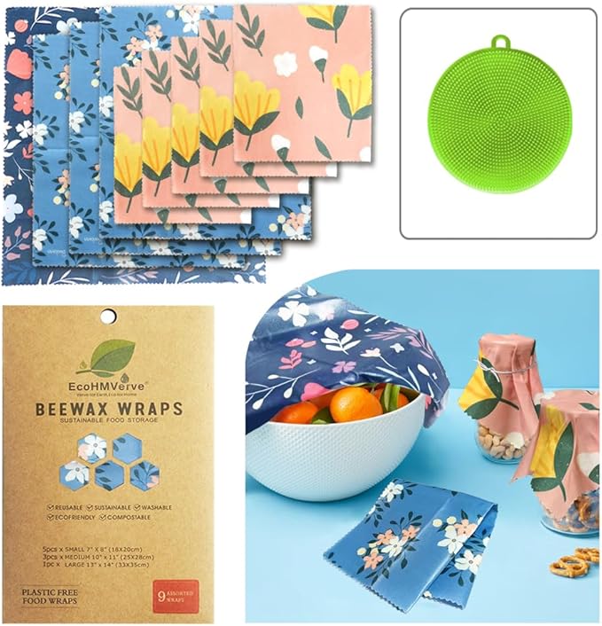 Natural Beeswax Food Wraps 9 Pack– Reusable with Multi-function brush, Stylish & Plastic-Free for Fresh Zero-Waste Kitchens wraps for bread,sandwich