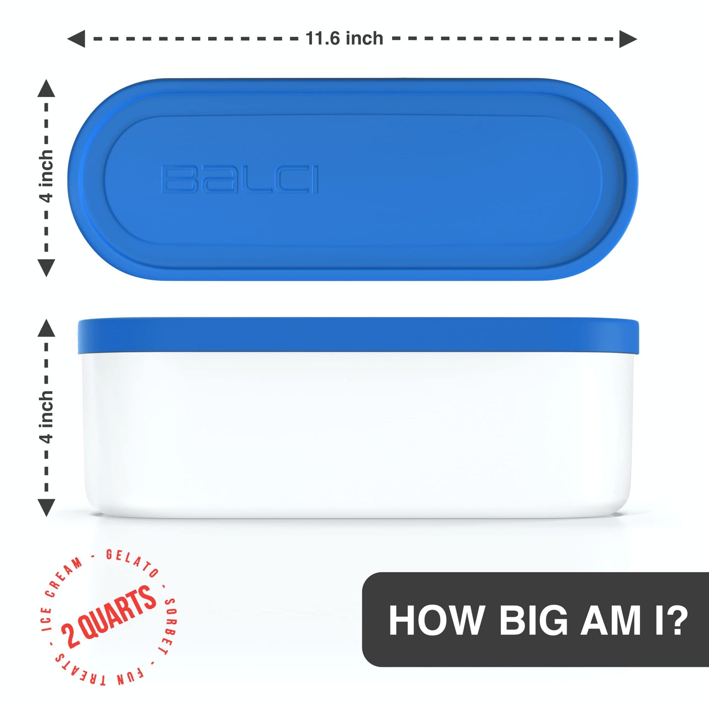 BALCI - Ice Cream Container - 2 Quart - Perfect Reusable Freezer Storage for Homemade Ice Cream Tubs for Sorbet, Frozen Yogurt and Gelato! - Flexible Silicone Lids, Long Scoop, Stackable - Blue