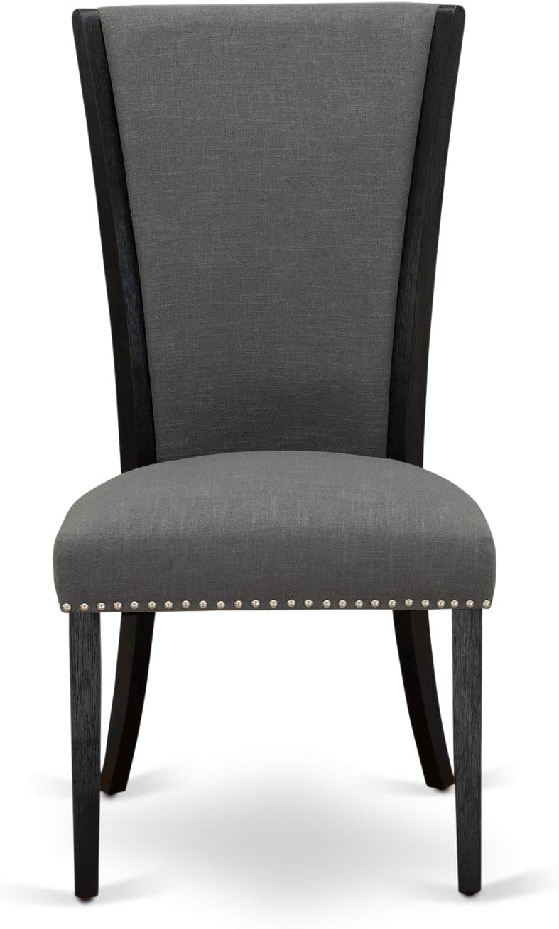 East West Furniture VEP6T50 Verona Parson Dining Chairs - Nailhead Trim Dark Gotham Linen Fabric Padded Chairs, Set of 2, Wirebrushed Black