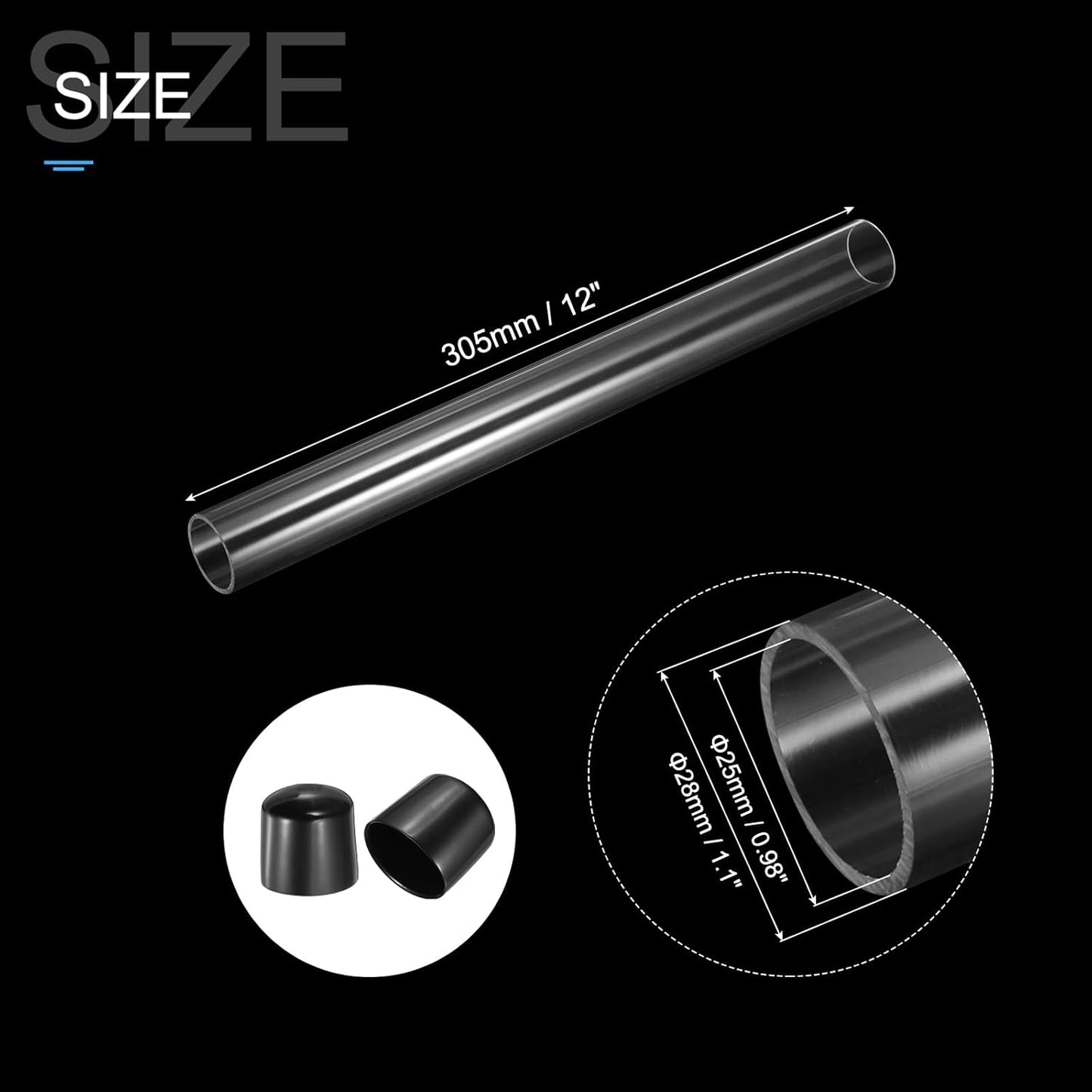 PATIKIL Clear Rigid Tube Round Plastic Tubing with Black Rubber Caps Polycarbonate Water Pipe, 305mm/ 12 Inch Length, 25mmx28mm/0.98"x1.1", 2 Set