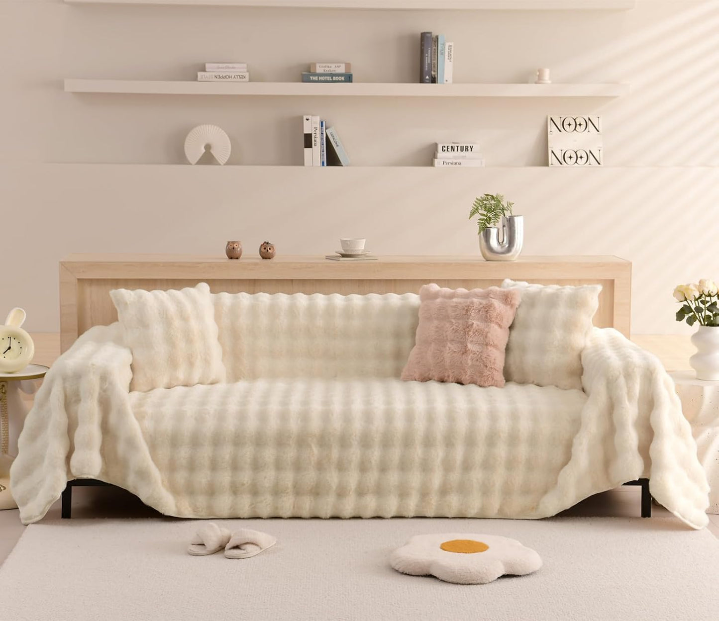 VM VOUGEMARKET Plush Faux Fur Couch Cover Thick Fluffy Fuzzy Sectional Sofa Cover Cream Beige Sofa Slipcover Soft Warm Throw Blanket for Couch Sofa Bed- Cream White,71" x 134"