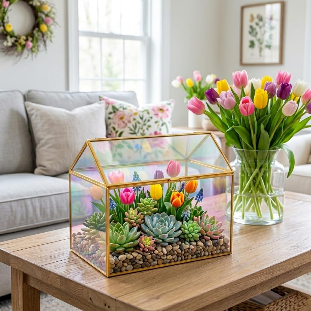 D'Eco Iridescent Glass House Centerpiece (10x6x8)- Planter Terrarium- Spring Home Decor & Wedding Letterbox - Fill with Succulents, Cacti, Air Plants, Moss, Flowers for Plant Lovers