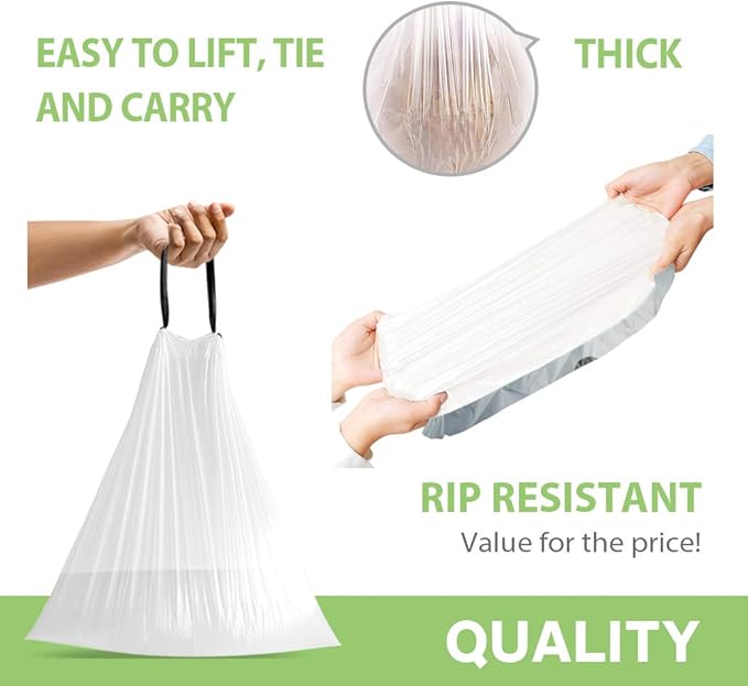 Teivio 1.6 Gallon 120 Counts Strong Drawstring Trash Bags Garbage Bags, Medium Kitchen Trash Can Bathroom Bin Liners, Plastic Trash Bags for Home Office Kitche, White