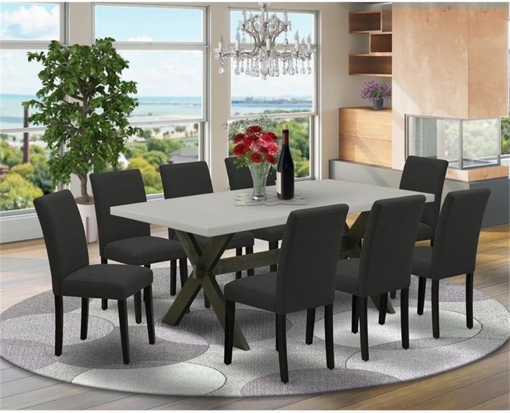 East West Furniture X697AB624-9 9 Piece Dining Room Table Set Includes a Rectangle Kitchen Table with X-Legs and 8 Black Color Linen Fabric Parsons Dining Chairs, 40x72 Inch, Multi-Color
