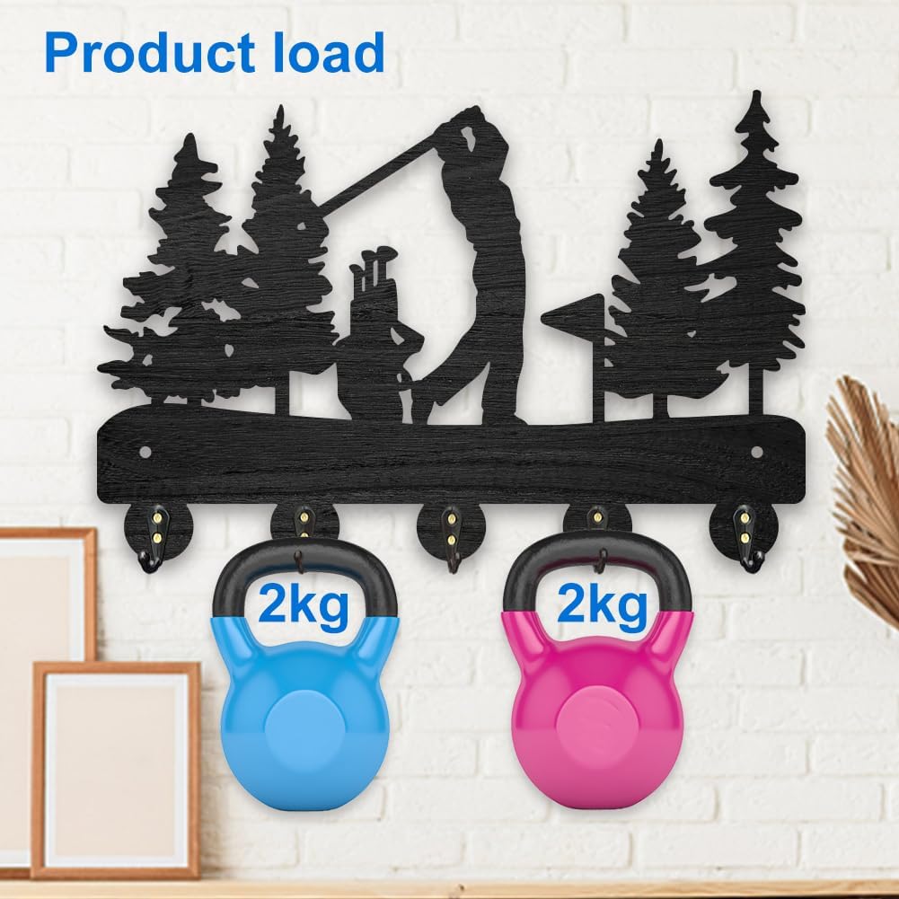 MAYJOYDIY Golf Coat Racks Wall Mounted Wood Golf Clubs Tree Key Hangers for Wall 11.8×7.9inch Black Key Holder 5 Alloy Hooks Home Decor Gifts Entryway Kitchen Bathroom Storage Organizer