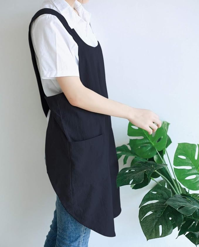 Japanese Style Linen Cotton Cross Back Pinafore Apron with Pockets for Women Ladies Men Chef Kitchen Cooking Baking