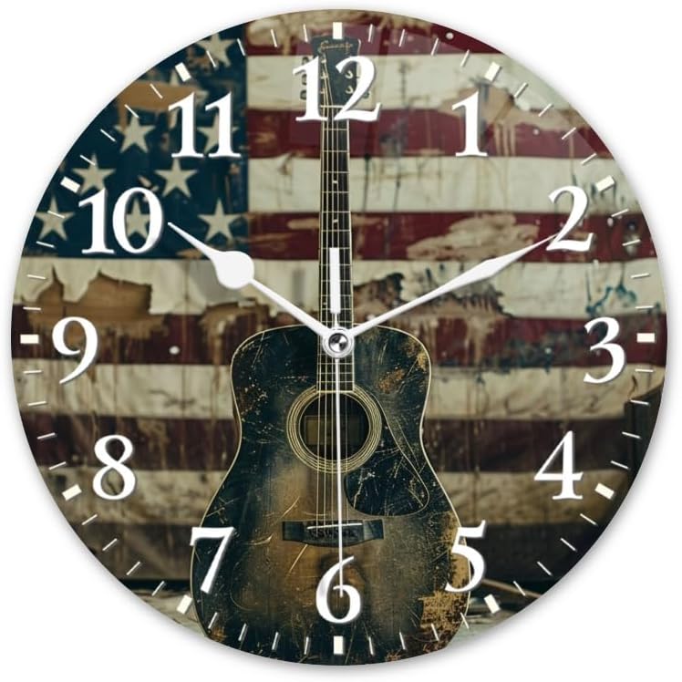 Guitar Wall Clock Non-Ticking Silent Clocks Battery Operated Analog Decor Clock for Home-Acoustic Guitar Leaning Against Old American Flag(12inch)
