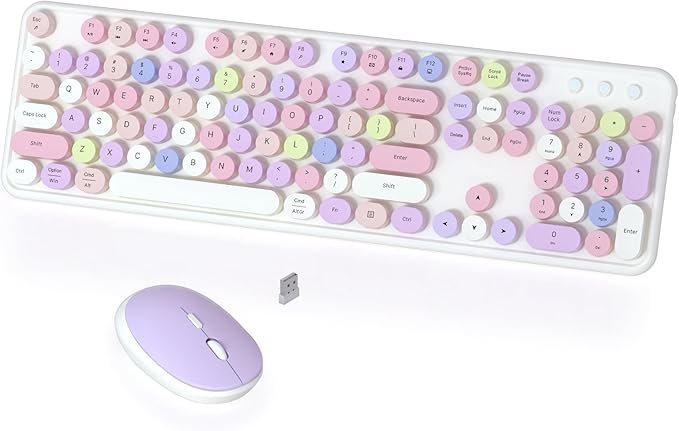 Colorful Wireless Keyboard and Mouse Combo, COVEVA 2.4GHz Wireless Retro Cute Round Keycaps Keyboard, 104 Keys Full-Sized Keyboard Mouse Set with Switch Button for PC Laptop Desktop (White Colorful)
