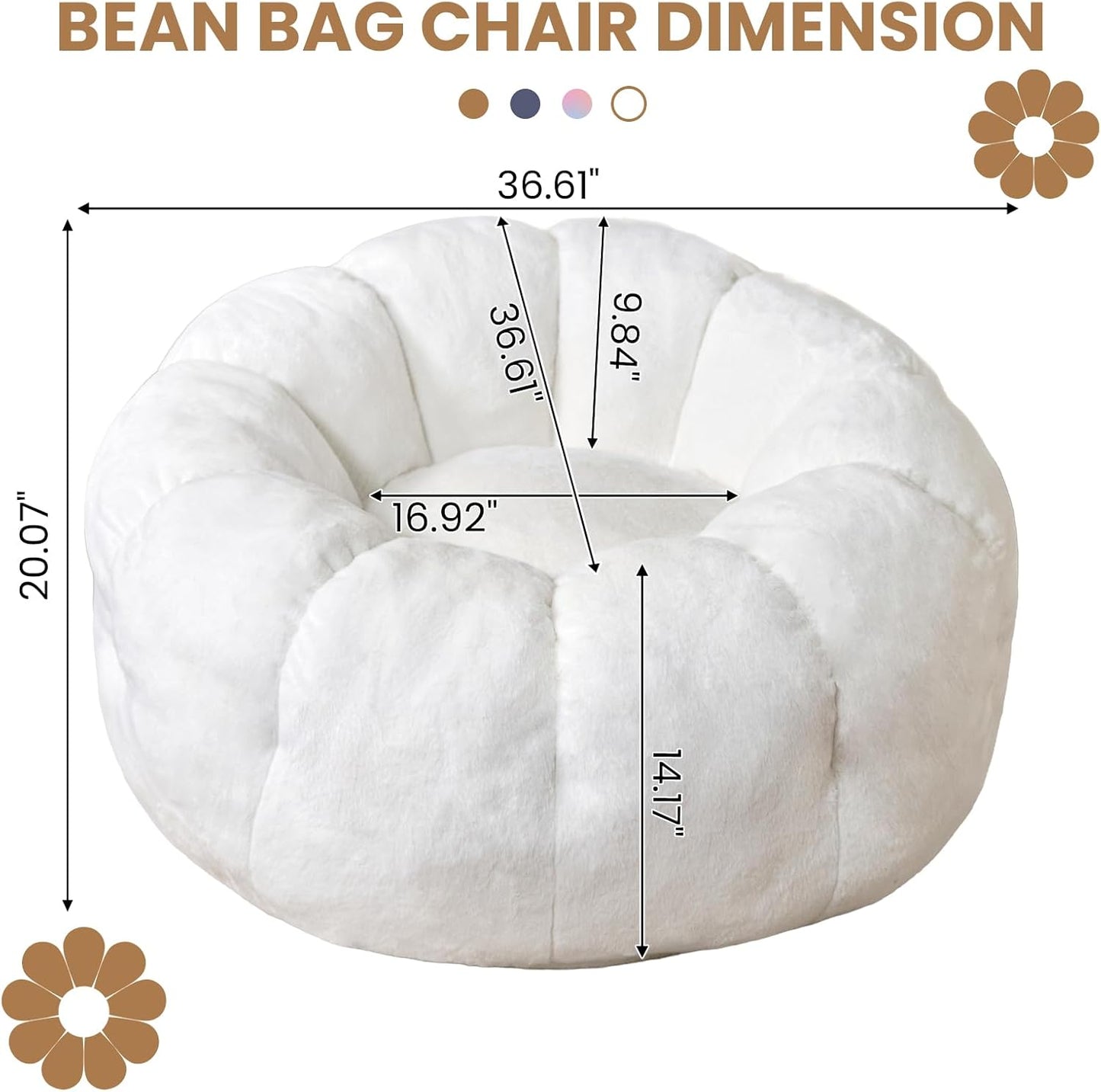 Bean Bag Chairs for Adults, Faux Fur Reading Chair with Petal Arm Rest Fluffy Comfy Chair for Bedroom, Living Room, Dorm, Game - White, Large, Low Support