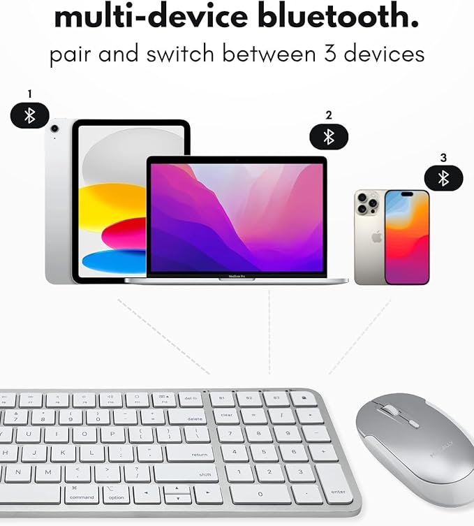 Macally Bluetooth Mac Keyboard and Mouse (Compact, Multi Device, Rechargeable) - Wireless Apple Keyboard and Mouse Combo - for Mac mini/Studio, MacBook Pro/Air, iMac, iPad, iPhone - Silver