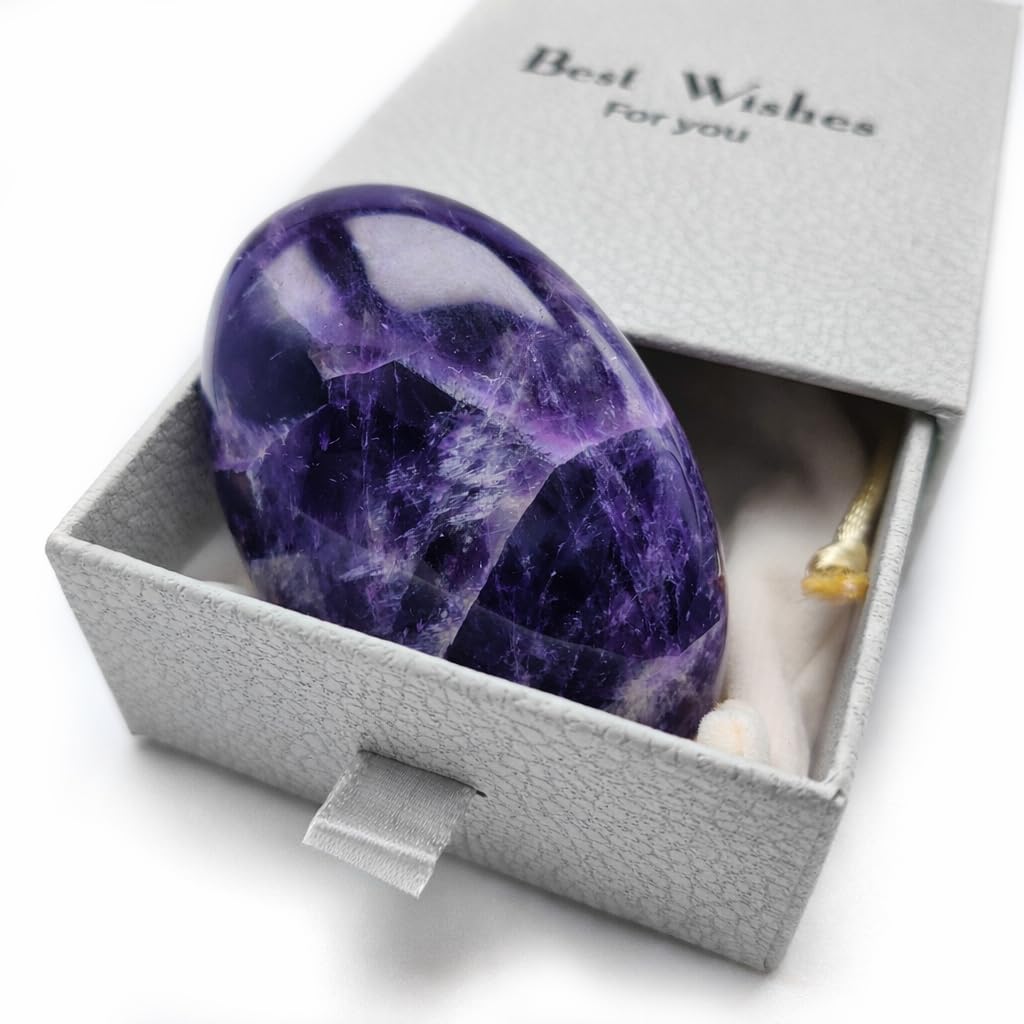BEAUSIOO 2.4" Amethyst Palm Stone for Anxiety Relief, Healing Crystal for Meditation & Stress Relief, Polished Pocket Stone with Gift Box