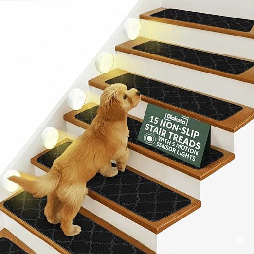 Stair Treads for Wooden Steps Indoor, Includes 15 Non-Slip Carpet Mat 8x30in with 5 Motion Sensor Lamps, Peel & Stick Carpet Stair Treads,Safety Stair Rugs for Kids, Elderly and Pets (Black)
