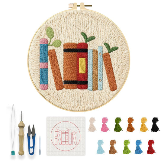INFUNLY Vintage Books Punch Needle Kit Reading DIY Embroidery Punch Needle Set for Adult Round 8.7" Punches Stitching Starter Kits with Easy to Follow Instructions Yarns Festival Gift Home Decor